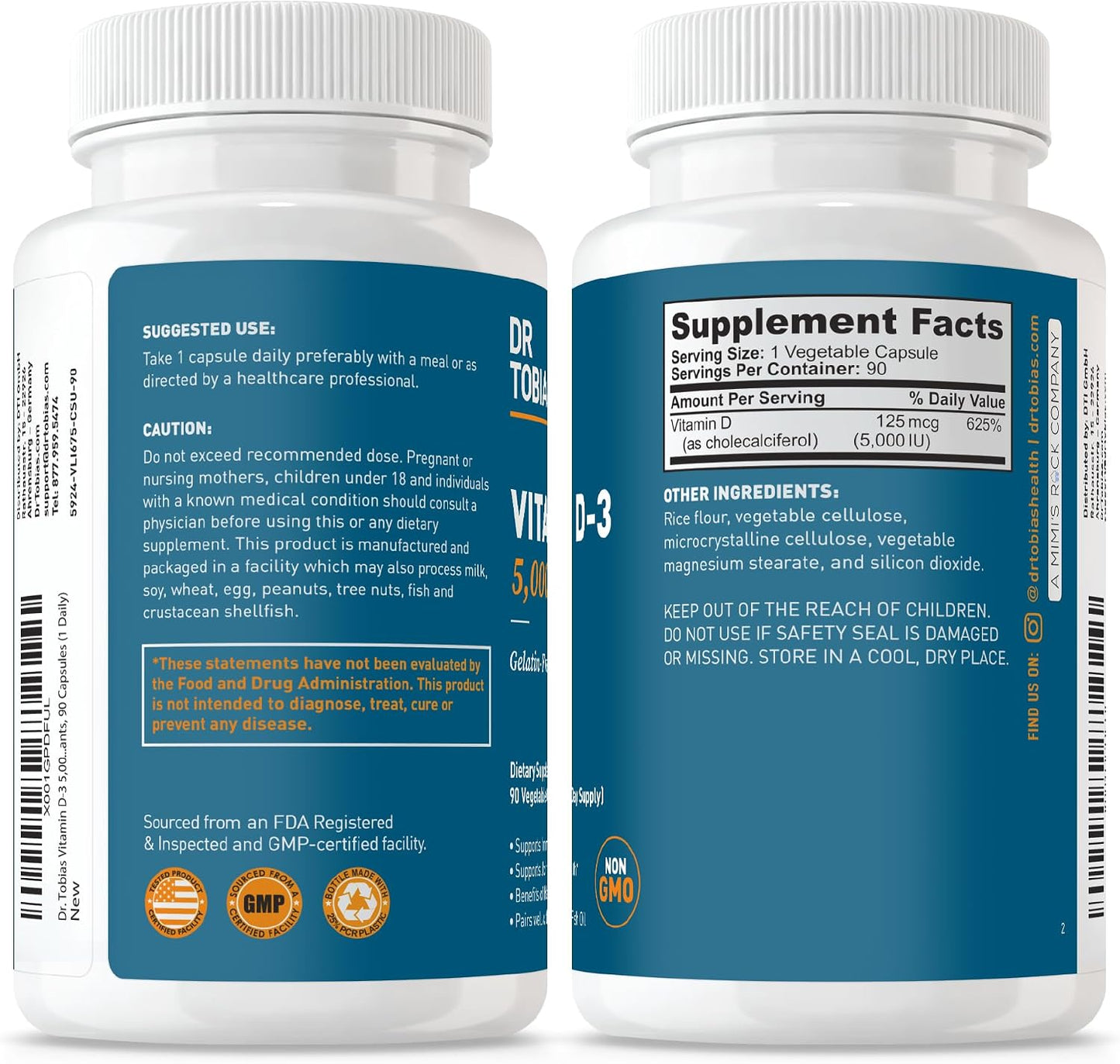 Dr. Tobias Vitamin D3 5000 IU 90 Capsules | Extra Strength Vitamin D | Bone, Teeth & Immune Support | 5,000 IU Vitamin D3 | Gelatin-Free & Non-GMO | 90 Servings