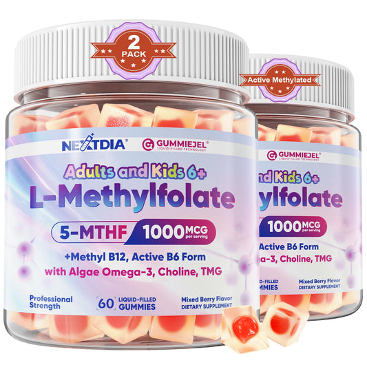 L-Methylfolate 1000 mcg + Methyl B12 Gummies for Kids & Adults - Active 5-MTHF, w/Omega-3 DHA & EPA(3:1), Choline & TMG, B6, Supports MTHFR Gene, Brain, Energy & Methylation, Sugar free, 60 Cts
