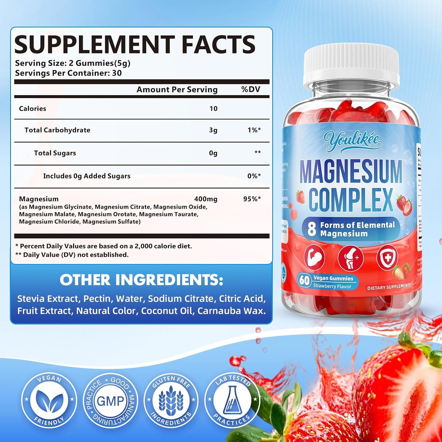 Magnesium Complex Gummies 400mg - 8 Forms for Muscle & Calm Support | Glycinate, Malate, Citrate, Taurate & 4 more for Women and Men, Sugar-free, Vegan, Strawberry Flavor, 60 Count