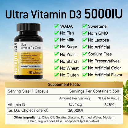 Vitamin D3 5000 IU (125 mcg),360 Day Supply Vitamin D Softgels | USP-Grade Provitas® Softgels with MCT & Olive Oil,High Potency Immune & Bone,Muscle Health Support Supplement,Non-GMO
