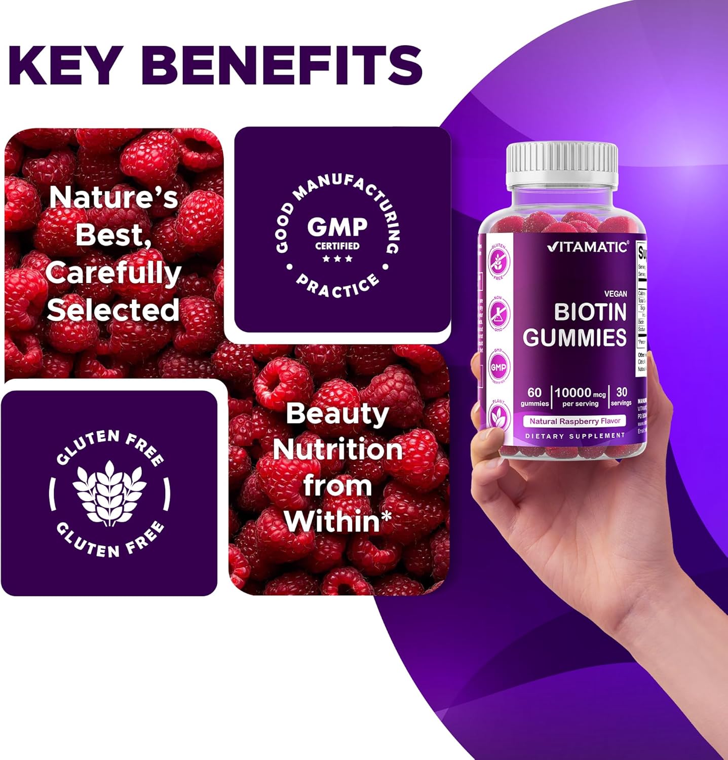 Vitamatic Biotin Gummies 10,000 mcg, 60 Vegan Gummies, Raspberry Flavor | 10000 mcg Per Serving, Natural Raspberry Flavor, Pectin Based, Non-GMO, Gluten Free, GMP Certified