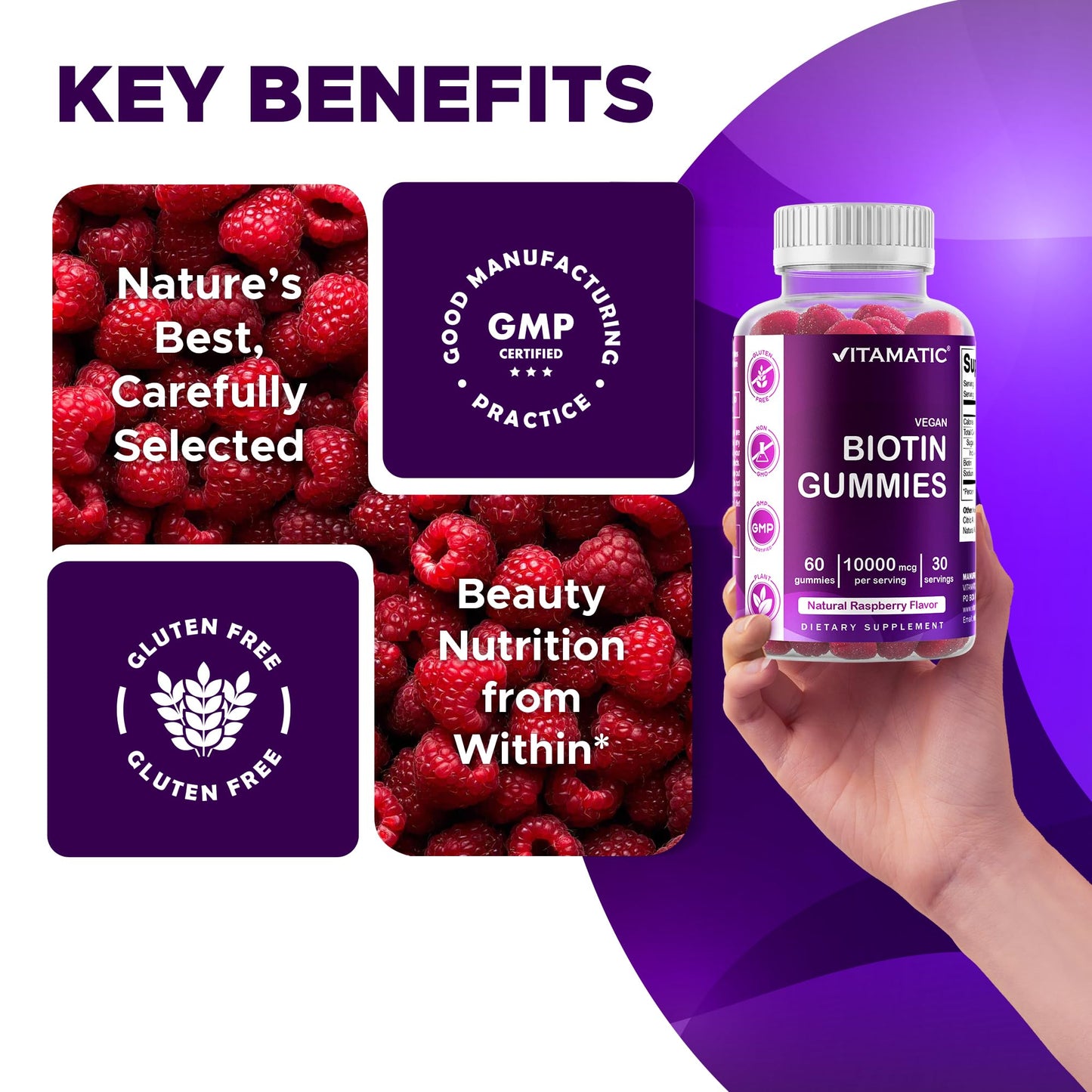 Vitamatic Biotin Gummies 10,000 mcg, 60 Vegan Gummies, Raspberry Flavor | 10000 mcg Per Serving, Natural Raspberry Flavor, Pectin Based, Non-GMO, Gluten Free, GMP Certified