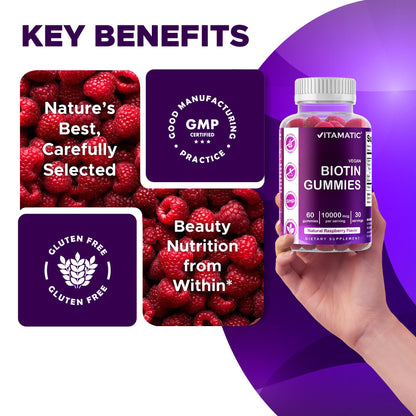 Vitamatic Biotin Gummies 10,000 mcg, 60 Vegan Gummies, Raspberry Flavor | 10000 mcg Per Serving, Natural Raspberry Flavor, Pectin Based, Non-GMO, Gluten Free, GMP Certified