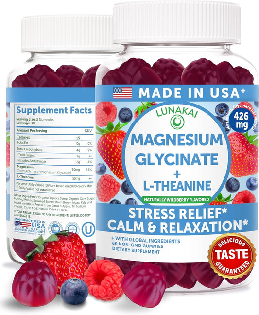 Lunakai USA Made Magnesium Glycinate Gummies 426mg with L-Theanine – Calm, Sleep, Stress Relief for Adults & Kids, Non-GMO, Vegan, 60ct