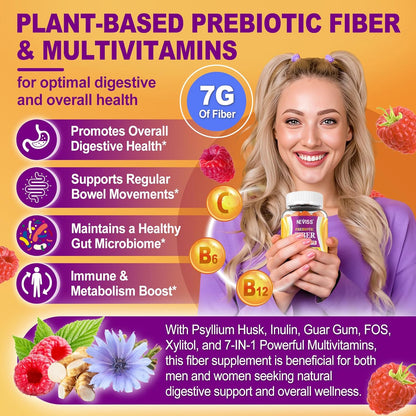 Fiber Gummies 7G for Adults with Psyllium Husk, For GLP-1 Users Daily Prebiotic Fiber - Inulin, FOS, Guar Gum, Methyl B12,Folate,B6 for Gut & Digestive Health, Regularity Support, Sugar Free,Pack of 2