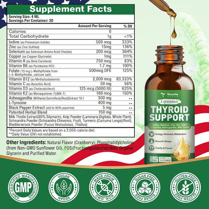 Totaria Thyroid Support for Women & Men, Selenium, Iodine, Zinc, L-Tyrosine, Ashwagandha, B12, Milk Thistle, Kelp, Bladderwrack, Energy, Metabolism, Hormone & Mood, 4 Fl.Oz