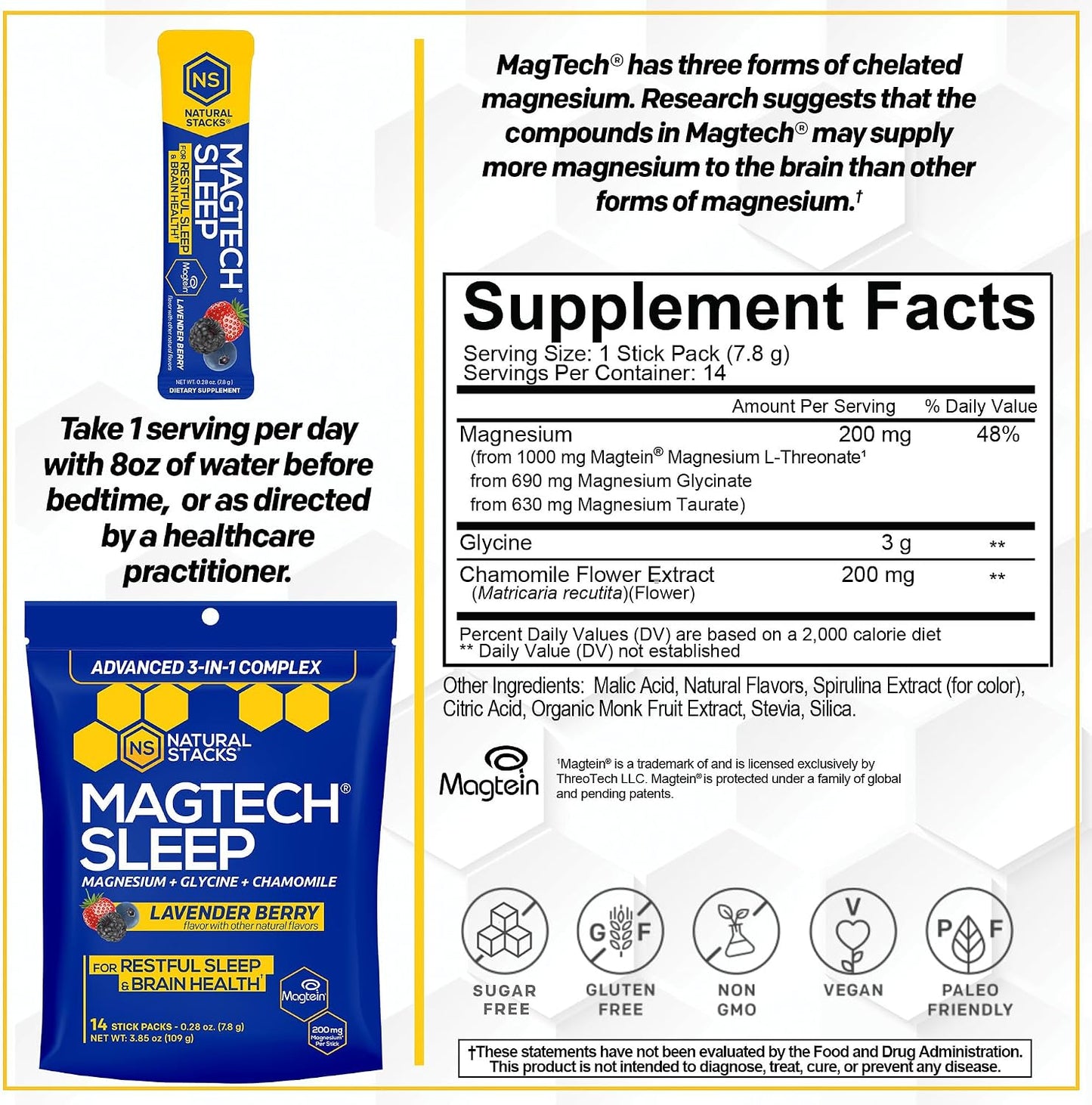 MagTech Magnesium Sleep Powder with 3g Glycine, Melatonin Free, 14 Servings | Magtein L-Threonate, Glycinate and Taurate chelated triple complex supports relaxation and deep, restful nights.