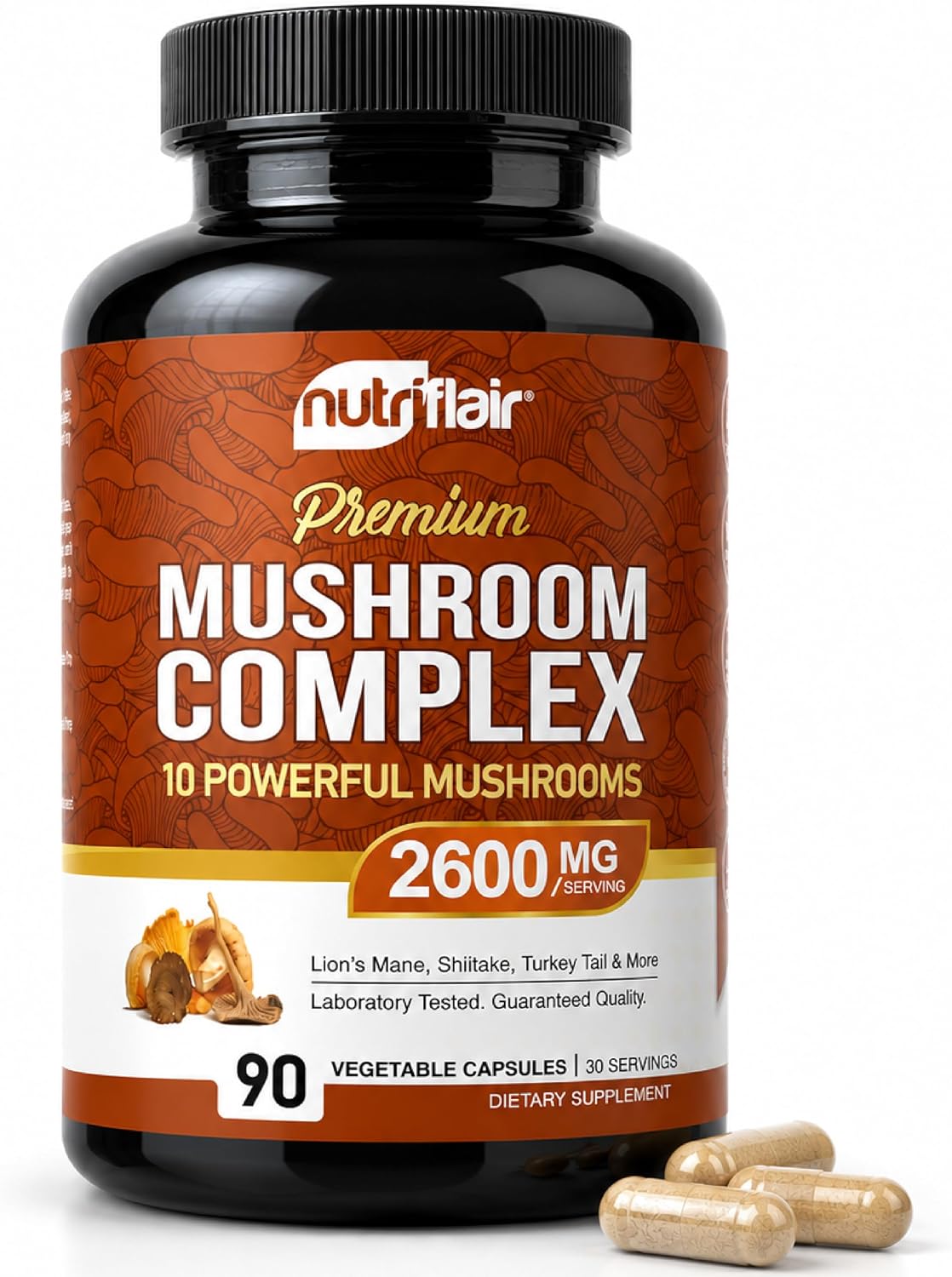 NutriFlair Mushroom Supplement 2600mg, 90 Capsules - 10 Mushrooms Blend - Reishi, Lions Mane, Cordyceps, Chaga, Turkey Tail, Maitake, Shiitake, Oyster Nootropic Formula - Brain, Energy, Focus Pills