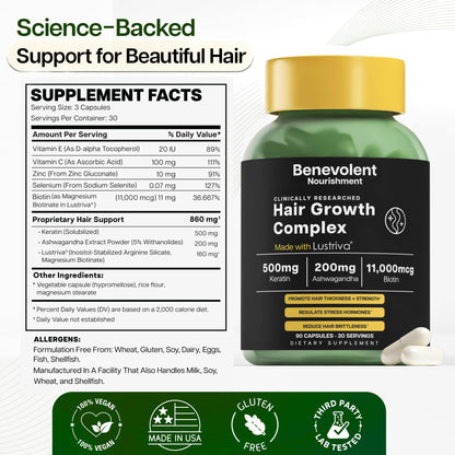 Benevolent Lustriva Hair Growth Supplement – Advanced Hair Vitamins with Keratin & Biotin for Thicker-Looking, Stronger Strands, Support for Stress-Related Thinning in Women & Men, USA-Made, 90 ct