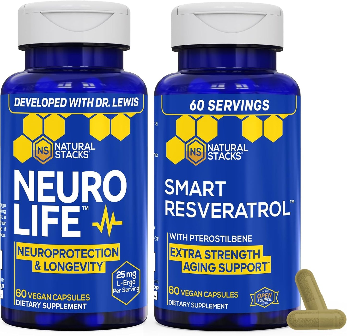 NATURAL STACKS NeuroLife & Resveratrol Supplement Bundle - Supports Longevity & Brain Aging* - 120 Total Capsules
