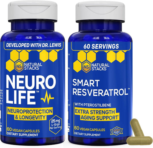 NATURAL STACKS NeuroLife & Resveratrol Supplement Bundle - Supports Longevity & Brain Aging* - 120 Total Capsules