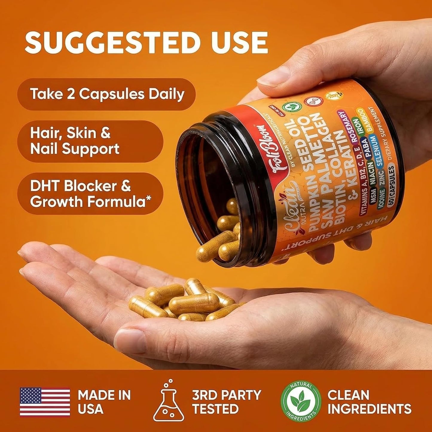 Clean Nutra Pumpkin Seed Oil Capsules + Saw Palmetto Biotin Collagen Keratin MSM Folate Hyaluronic Acid Supplements B12 Zinc Hair Supplement for Women Men Iodine 5-MTHF B-12 Vitamin B9-60 Pills