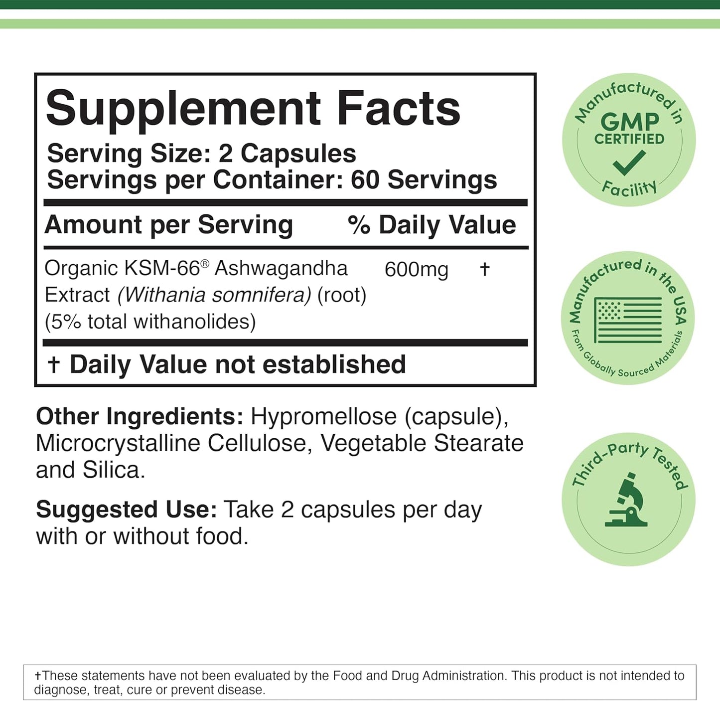 Double Wood Supplements Ashwagandha KSM 66 Organic and Clinically Studied Extract (600mg Per Serving, 120 Capsules, 60 Servings) Adaptogen Cortisol Manager for Women and Men
