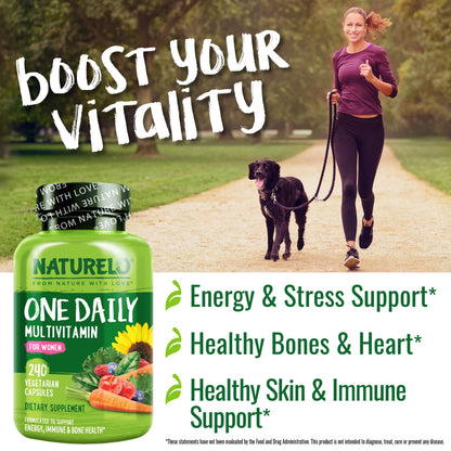 NATURELO One Daily Multivitamin for Women w/Vitamin B12, 120 Ct, Energy Support, Whole Food Daily Women Multivitamin Supplement, Nourish Hair/Skin/Nail, Non-GMO, No Soy, Gluten Free, 4 Month Supply