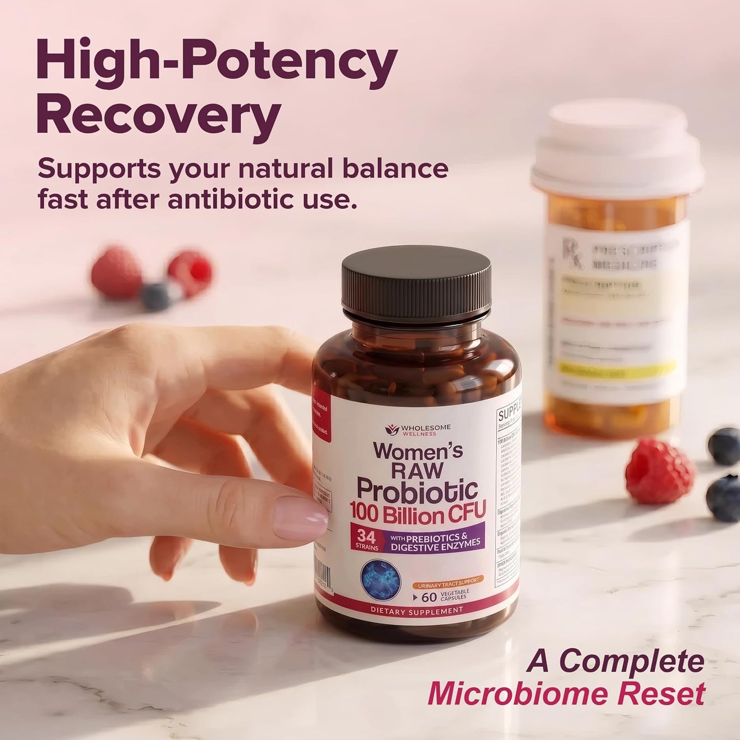 Wholesome Wellness Dr. Formulated Raw Probiotics for Women 100 Billion CFUs Capsules with Prebiotics, Digestive Enzymes, Approved for Adults, Shelf Stable Supplement