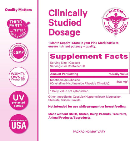 Pink Stork NAD+ Supplement for Women Over 30, 30 Capsules | 500 mg Nicotinamide Riboside NR, Clinically Studied Pure NMN Powder, Brain, Energy, + Cellular Skin Health Support