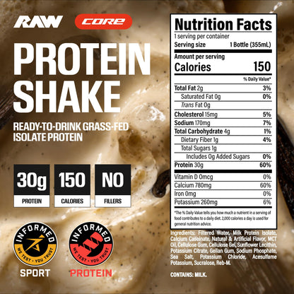 RAW Ready-to-Drink Protein Shake, Strawberry - RTD Protein Drinks with Grass-Fed Whey Protein Isolate for Post-Workout - Zero-Sugar & Gluten-Free Meal Replacement Drink & Breakfast Shake, 12 Fl Oz