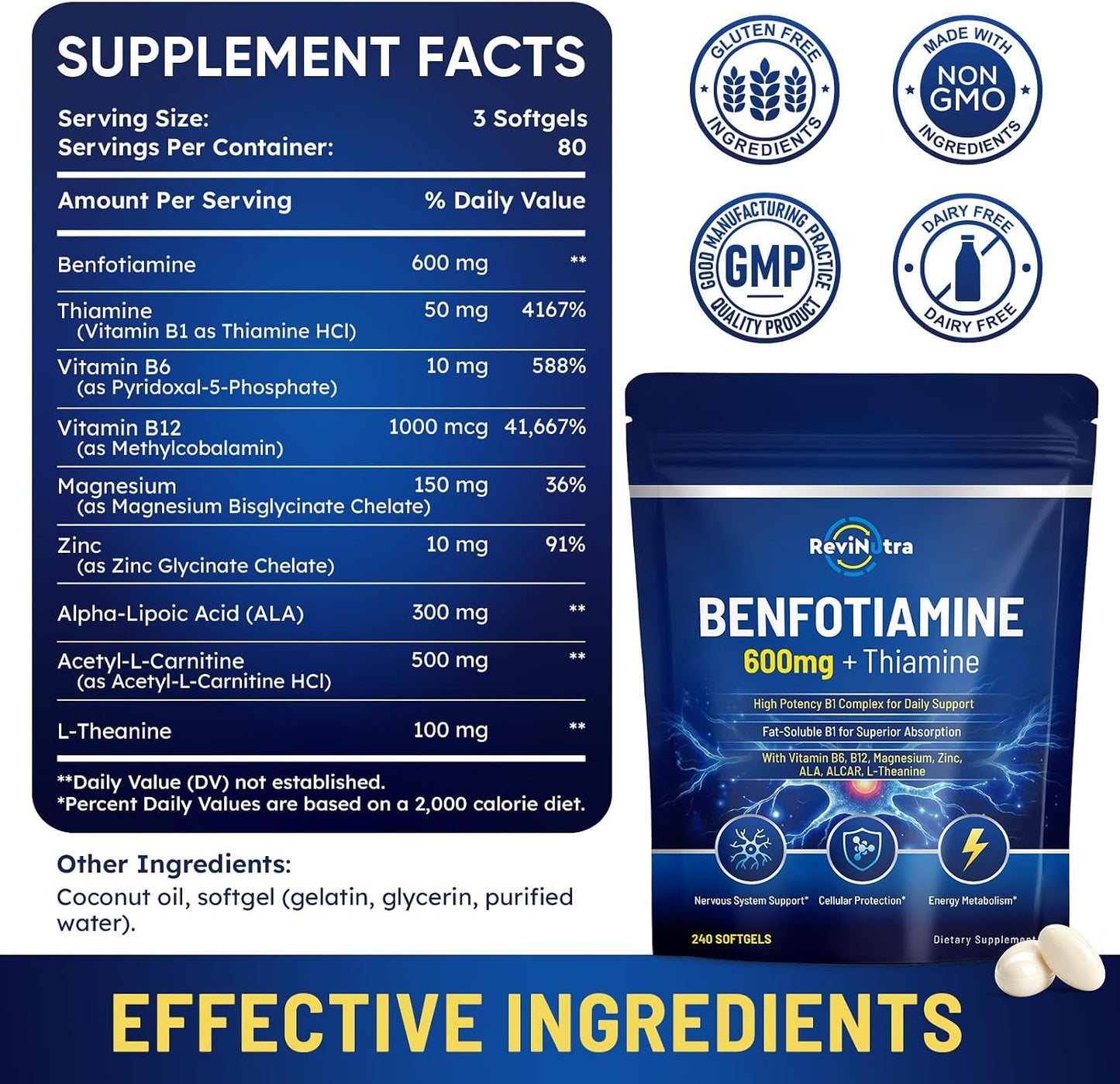 Vitamin B1 Benfotiamine 600mg Softgels, Thiamine HCl Supplements with Magnesium, Zinc, L-Theanine, ALA, Acetyl-L-Carnitine for Energy & Nervous System Support, Non-GMO, 240 Softgels Capsules