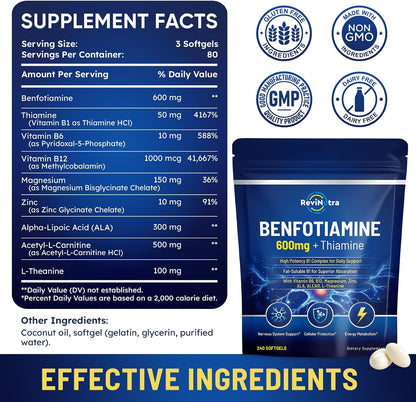Vitamin B1 Benfotiamine 600mg Softgels, Thiamine HCl Supplements with Magnesium, Zinc, L-Theanine, ALA, Acetyl-L-Carnitine for Energy & Nervous System Support, Non-GMO, 240 Softgels Capsules