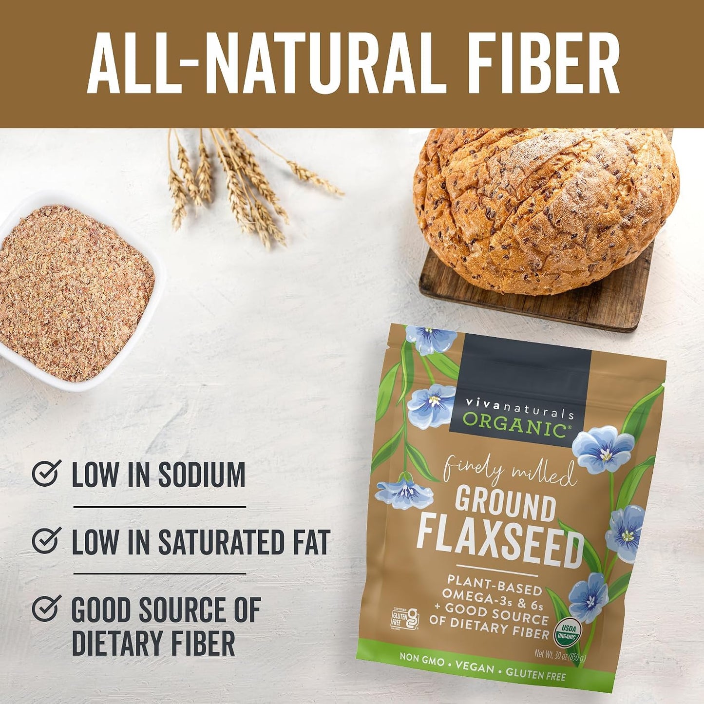 Viva Naturals Organic Ground Flaxseed - Premium Quality Plant-Based Protein and Vegan Omega 3 with Fiber, Perfect for Smoothies, Finely Milled Flaxseed 30 oz (850 g)