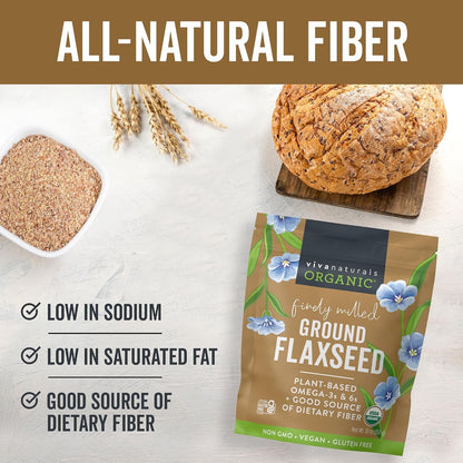 Viva Naturals Organic Ground Flaxseed - Premium Quality Plant-Based Protein and Vegan Omega 3 with Fiber, Perfect for Smoothies, Finely Milled Flaxseed 30 oz (850 g)