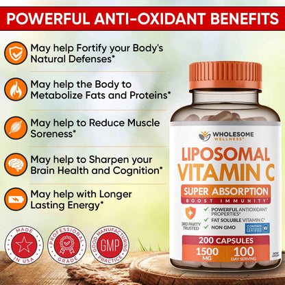 Wholesome Wellness Liposomal Vitamin C Capsules (200 Pills 1500mg Buffered) High Absorption, Immune System & Collagen Booster, High Dose Fat Soluble Immunity Support Ascorbic Acid, Natural Vegan