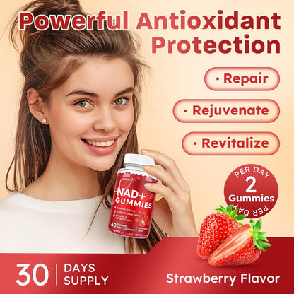 NAD+ Supplement Gummies, NAD Reveratrol Supplement for Women & Men, NAD+ with TMG, ALA, PQQ, CoQ10, Quercetin for Anti-Aging, Brain, Cellular Energy Health, Strawberry Flavor, 60ct
