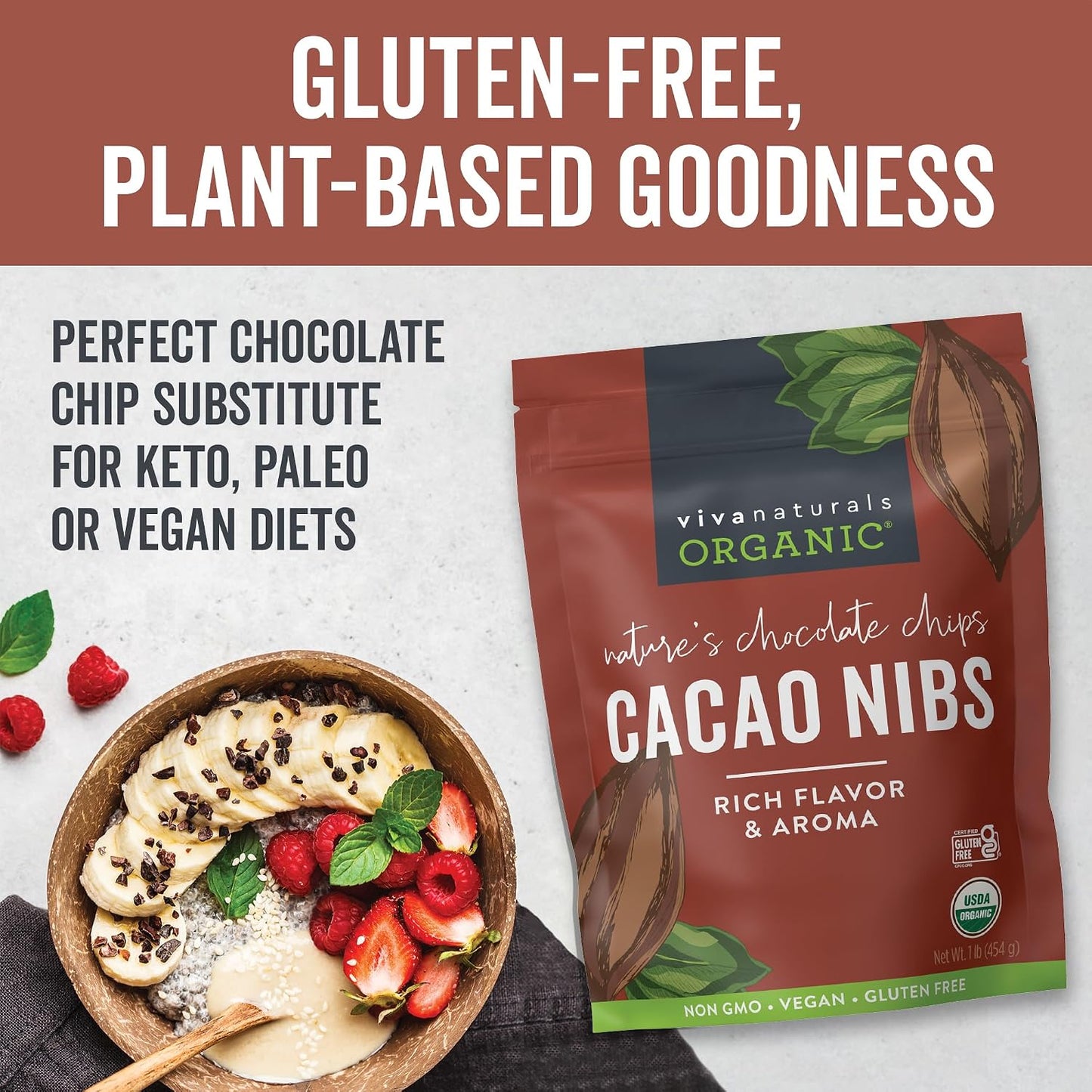 Viva Naturals Organic Cacao Nibs, Unsweetened, 1 LB (454 g), Keto Friendly, Vegan, Non-GMO, Gluten-Free Crunchy Chocolate Chip Substitute