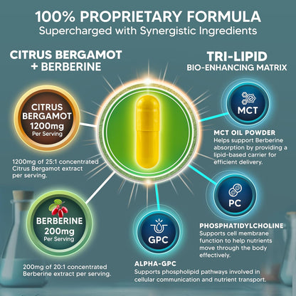 Citrus Bergamot with Berberine Supplement - 1400mg/Serving - 120 Capsules | Max Strength Citrus Bergamot Complex - Supports Cardiovascular Health - Pills Alternative to Gummies & Liquid Drops