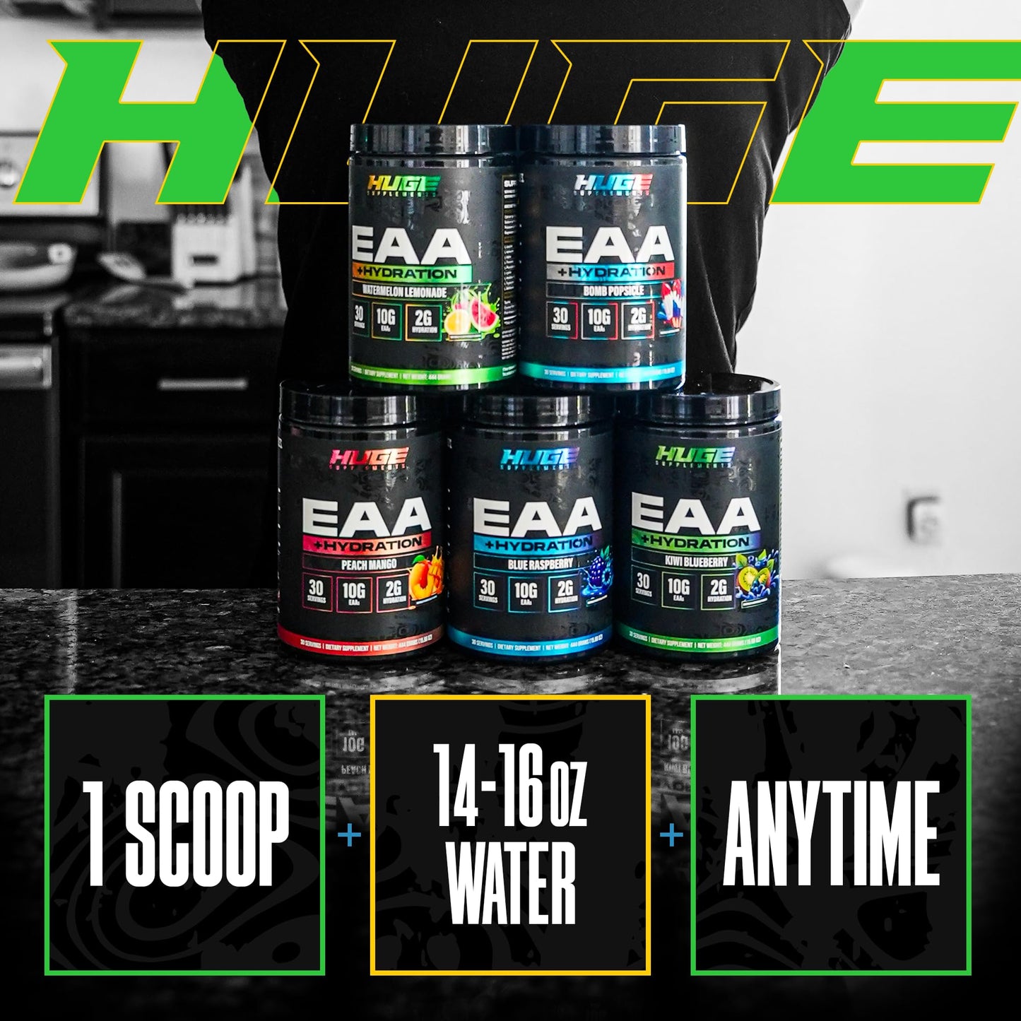 Huge EAA + Hydration, Essential Amino Acids Powder, EAAs & BCAAs, Intra & Post Workout Recovery Powder, Muscle Growth, Recovery & Performance, 10g EAAs & Electrolytes, Kiwi Blueberry, 30 Servings