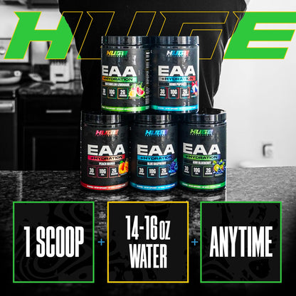 Huge EAA + Hydration, Essential Amino Acids Powder, EAAs & BCAAs, Intra & Post Workout Recovery Powder, Muscle Growth, Recovery & Performance, 10g EAAs & Electrolytes, Kiwi Blueberry, 30 Servings