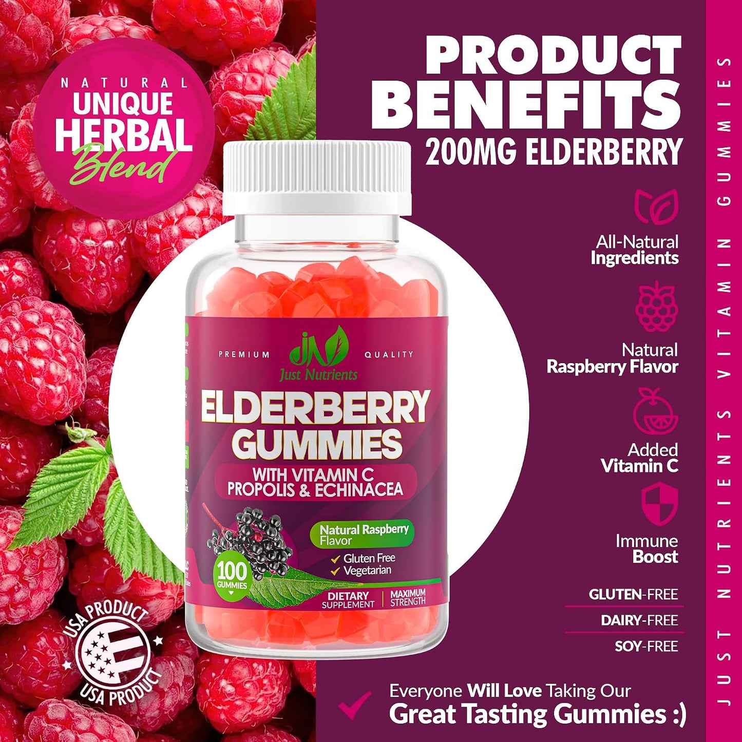 Elderberry 200mg Gummies with Vitamin C, Echinacea, Propolis (100 count) | Immune Support for Adults & Kids - Maximum Strength, Great Tasting Raspberry Flavor - Gluten-Free, Vegan