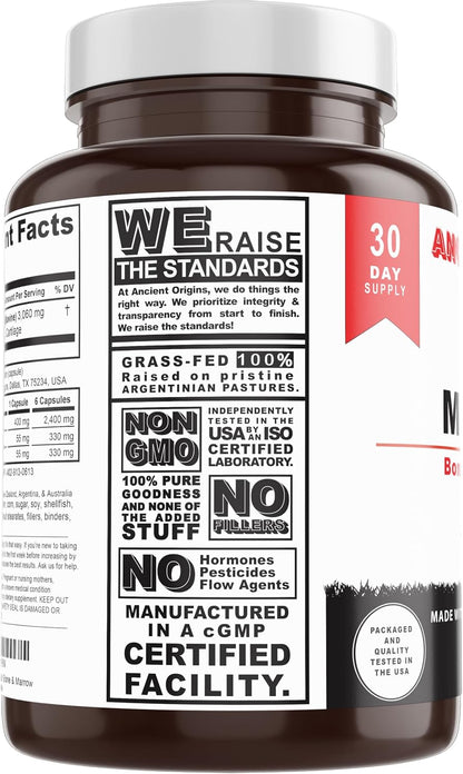 Grass Fed Bone Marrow Supplement, 3060mg, Skin, Oral Health, and Joint Support Supplement, Promotes Whole-Body Wellness, Non GMO Whole Bone Extract, 180 Capsules
