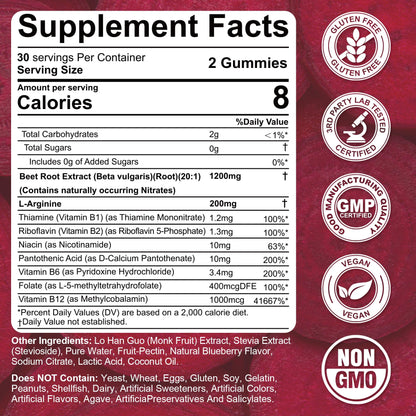Beet Root Gummies, 9 IN 1 Nitric Oxide Supplements for Men & Women w/ L-Arginine, B1, B2, B3, B5, B6, Folate, B12, Sugar Free Beetroot Gummies for Energy Boost & Circulation, 120 Beet Chews, Vegan