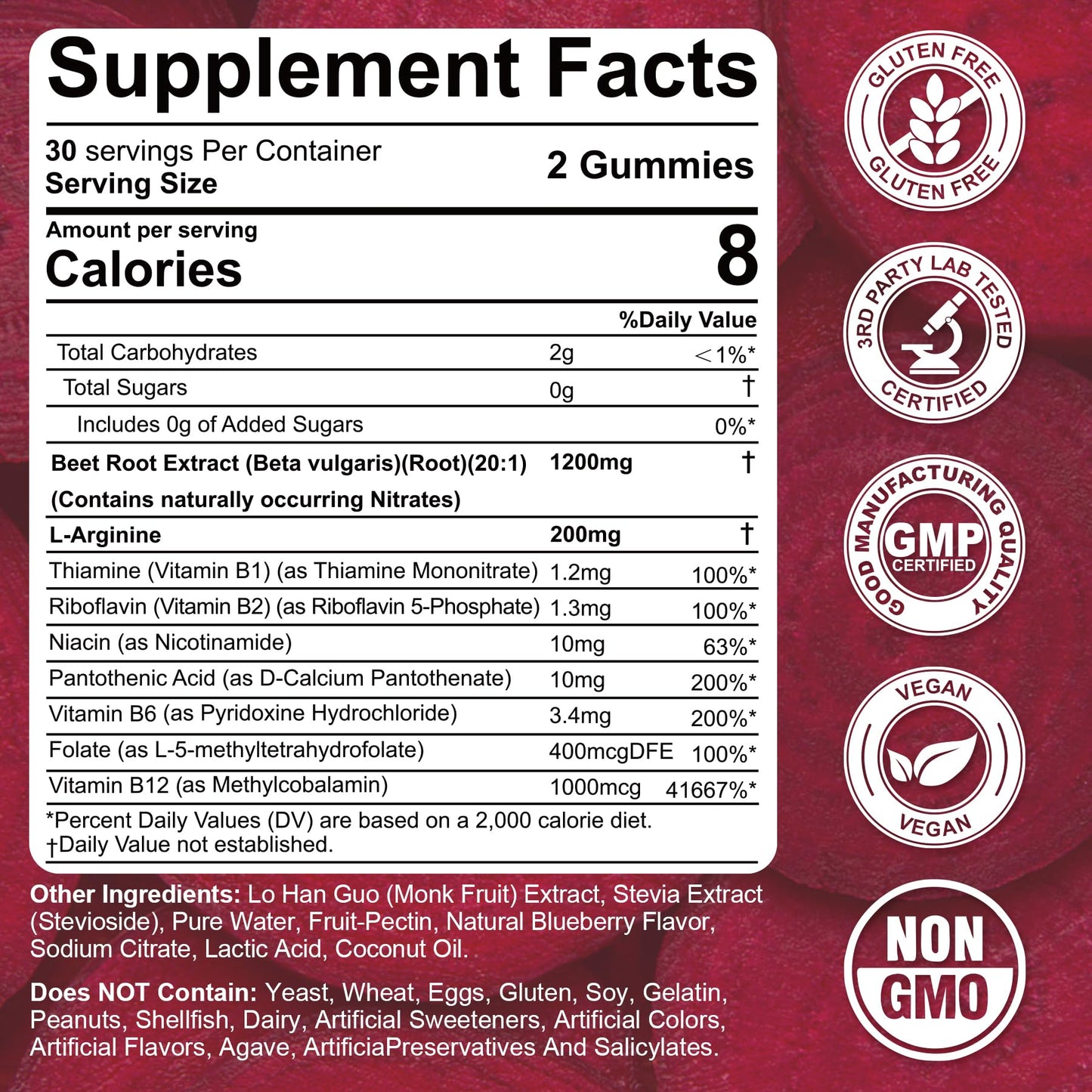 Beet Root Gummies, 9 IN 1 Nitric Oxide Supplements for Men & Women w/ L-Arginine, B1, B2, B3, B5, B6, Folate, B12, Sugar Free Beetroot Gummies for Energy Boost & Circulation, 120 Beet Chews, Vegan