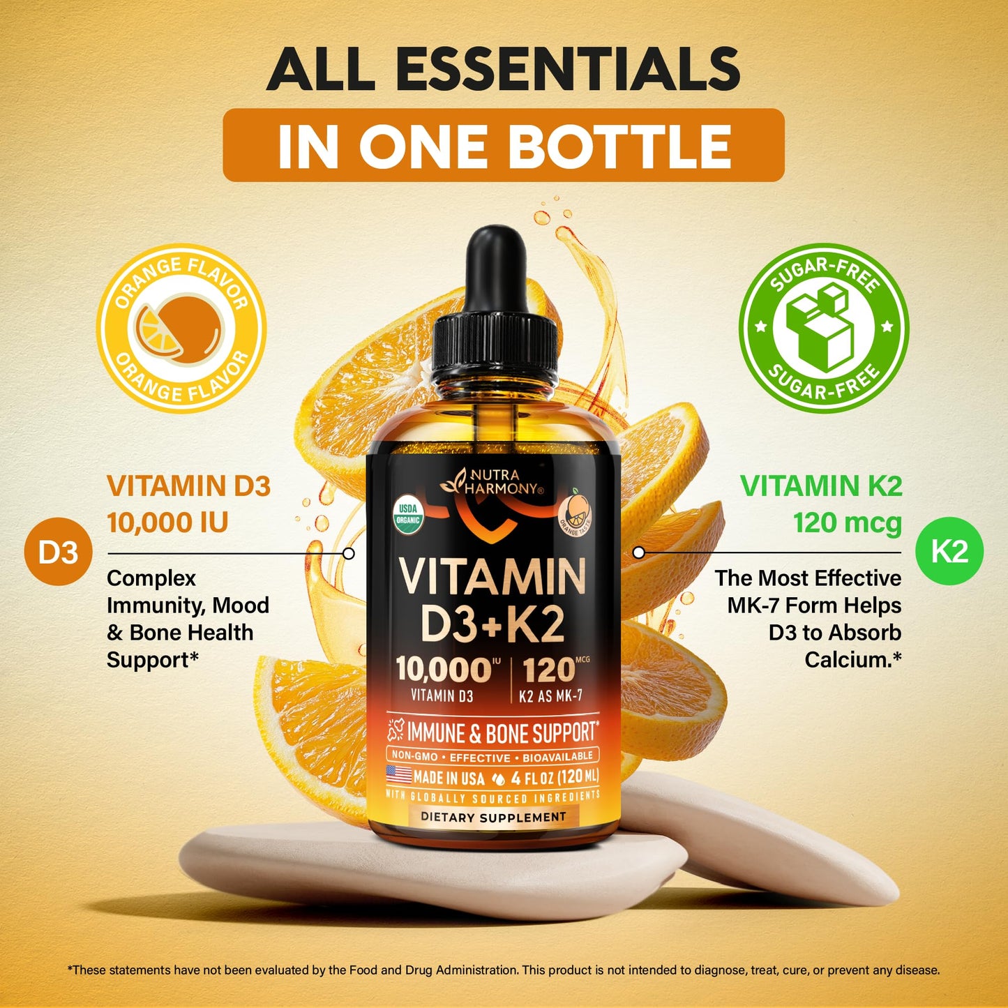 Vitamin D3 K2 USDA Organic Drops - Vitamin D3 10000 IU & K2 as MK-7 120mcg - Immune & Mood Support, Bone & Teeth Health - Sugar-Free, Orange Flavor - Liquid Supplement - 2 FL OZ, 60 Day Supply