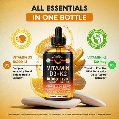 Vitamin D3 K2 USDA Organic Drops - Vitamin D3 10000 IU & K2 as MK-7 120mcg - Immune & Mood Support, Bone & Teeth Health - Sugar-Free, Orange Flavor - Liquid Supplement - 2 FL OZ, 60 Day Supply
