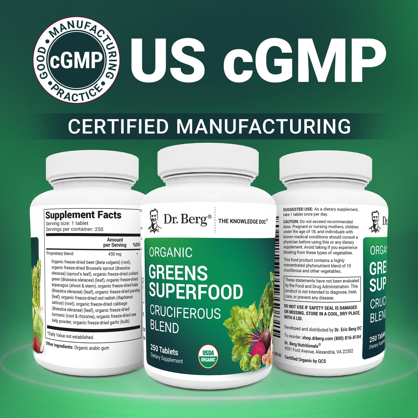 Dr. Berg's Greens Superfood Cruciferous Vegetable Tablets - Vegetable Supplements for Adults w/ 11 Phytonutrient Super Greens - Energy, Immune System & Liver Veggie Tablets - 90 Tablet