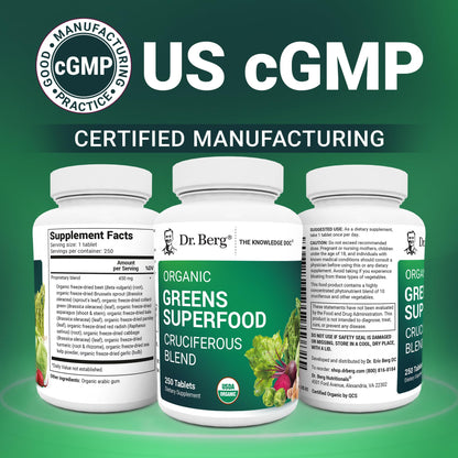 Dr. Berg's Greens Superfood Cruciferous Vegetable Tablets - Vegetable Supplements for Adults w/ 11 Phytonutrient Super Greens - Energy, Immune System & Liver Veggie Tablets - 90 Tablet