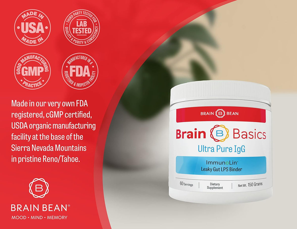 Brain Basics Ultra Pure IgG Supplement - Dairy-Free Supplement IgG-Immunolin Powder, Blended Vitamin & Mineral Supplements, 150g, 60 Servings