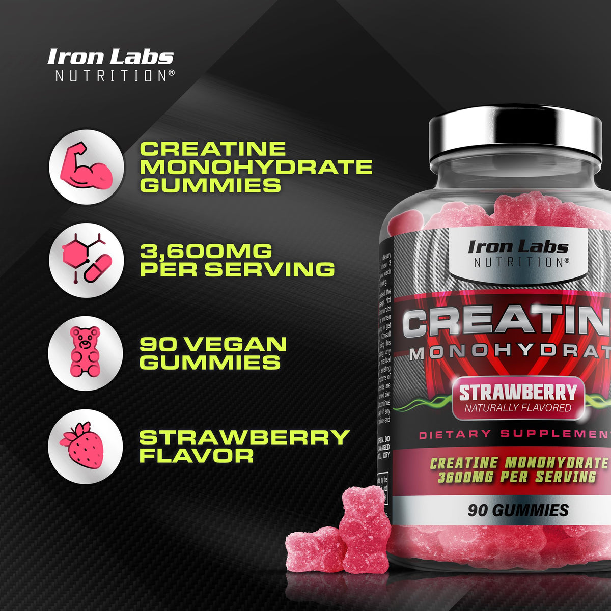 Iron Labs Nutrition Creatine Monohydrate Gummies for Men and Women (90 Gummy Bears)
