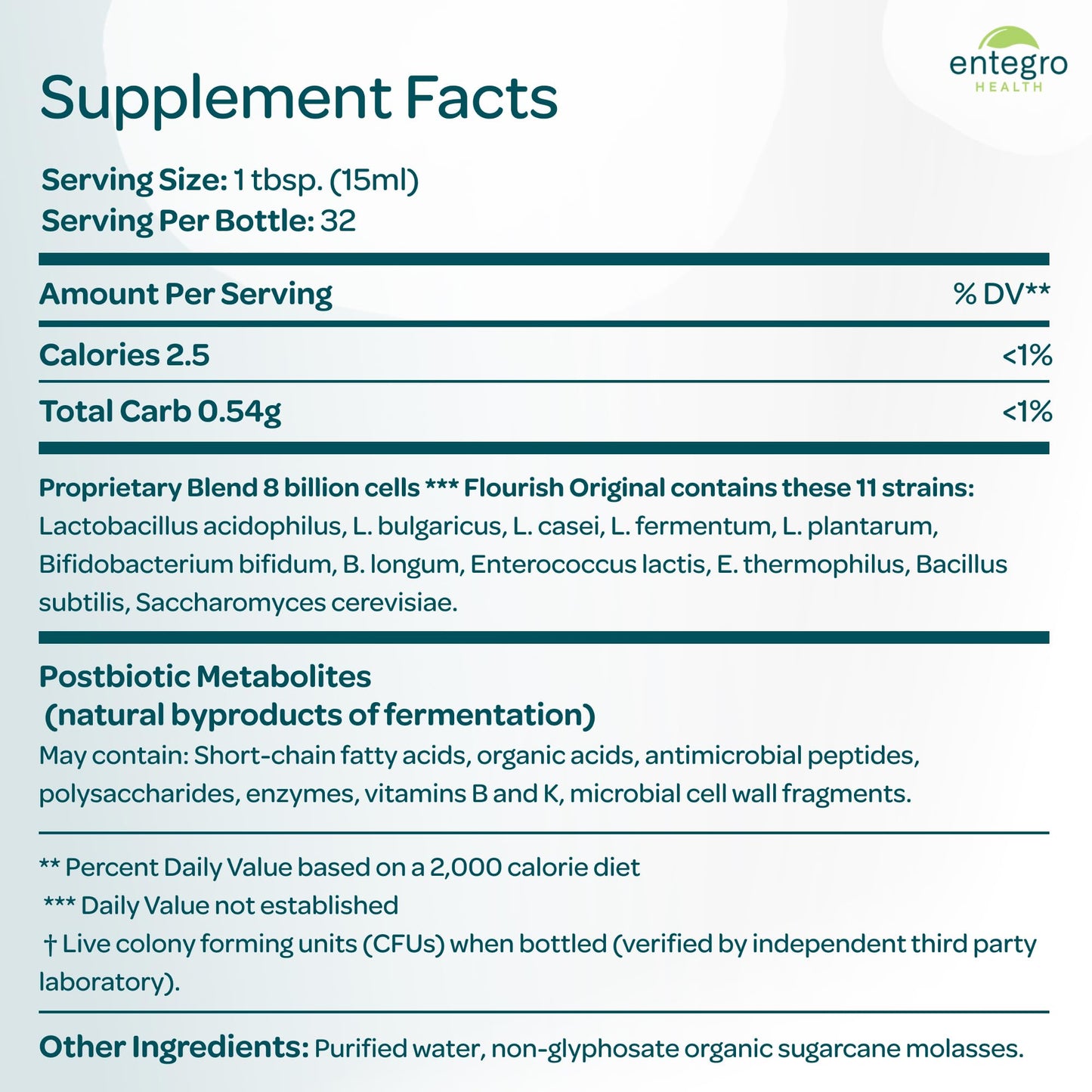 ENTEGRO Flourish Original Liquid Probiotic & Postbiotic Supplement, Plastic | 11 Live Cultures, Gut & Digestive Health For Women, Men & Kids, Organic, Vegan, Allergen Free, Non-GMO, USA Made, 16 fl oz