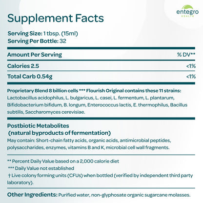 ENTEGRO Flourish Original Liquid Probiotic & Postbiotic Supplement, Plastic | 11 Live Cultures, Gut & Digestive Health For Women, Men & Kids, Organic, Vegan, Allergen Free, Non-GMO, USA Made, 16 fl oz