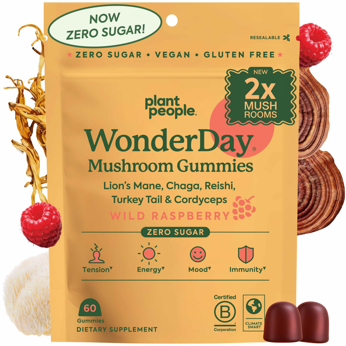 Plant People WonderDay Mushroom Gummies for Energy, Raspberry, 60ct