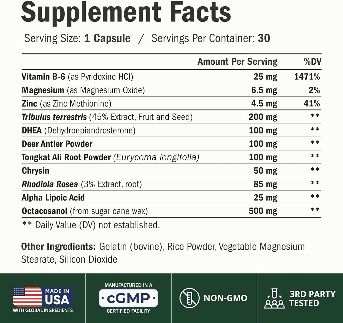 Tribulus Terrestris For Men with DHEA 100mg, Tongkat Ali & Zinc – 30 Caps