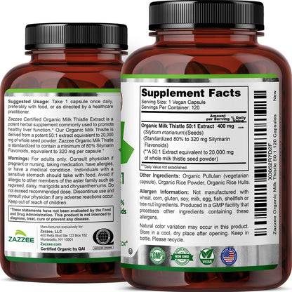 Zazzee USDA Organic Milk Thistle 50:1 Extract, 80% Silymarin Flavonoids, 200 Vegan Capsules, 6+ Month Supply, Silybum Marianum, Liver Support & Detox Support, Organic All-Natural, Non-GMO, Made in USA