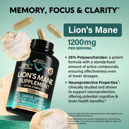 Lions Mane Supplement Capsules - for women & Men - Organic Lions Mane - Fruiting Bodies Extract - 1200 mg, 25% Polysaccharides - Memory & Focus Support - As Lions Powder - 120 Capsules, 2 Month Supply