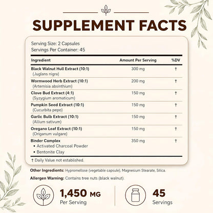 Happee ParaPure Cleanse with Binder for Humans, Intestinal Support, 2-in-1 | Wormwood, Black Walnut, Clove with Charcoal Binder for Digestive Balance (No Stack Needed) 90 Capsules