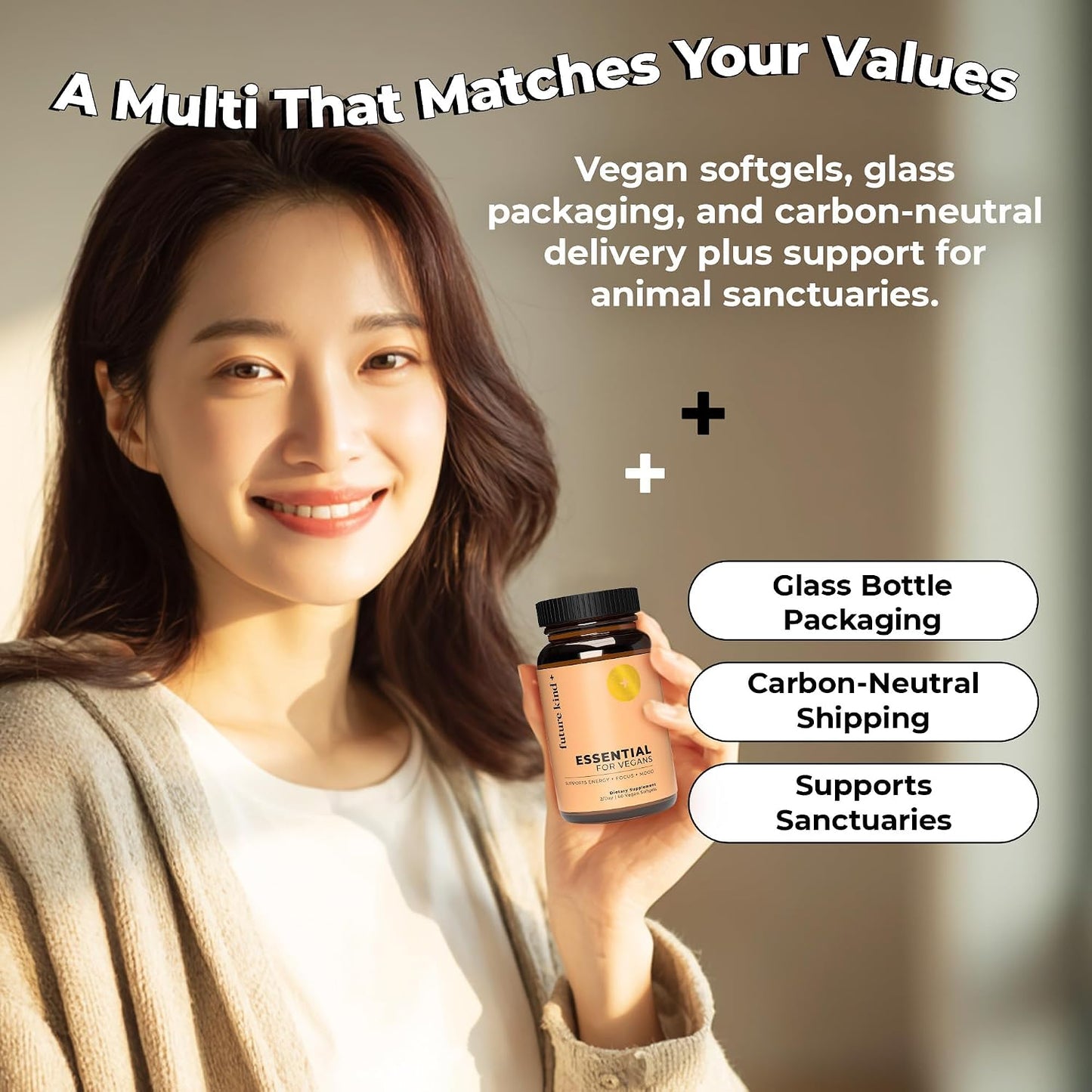 Future Kind 3 in 1 Daily Multivitamin - for Energy, Clarity, Active Wellness Support with B12, D3, and Algal Omega-3 - Essential Vegan Multivitamin for Women & Men - Tiny Citrus Softgels (60 Count)