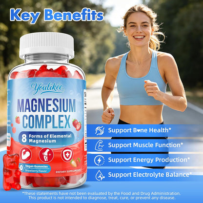 Magnesium Complex Gummies 400mg - 8 Forms for Muscle & Calm Support | Glycinate, Malate, Citrate, Taurate & 4 more for Women and Men, Sugar-free, Vegan, Strawberry Flavor, 60 Count